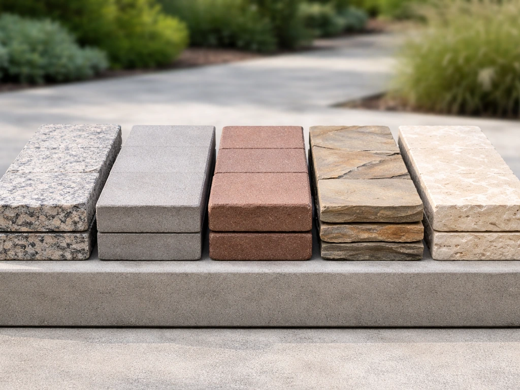 Split-view photo of five distinct patio stone samples showing different surface textures and thicknesses.