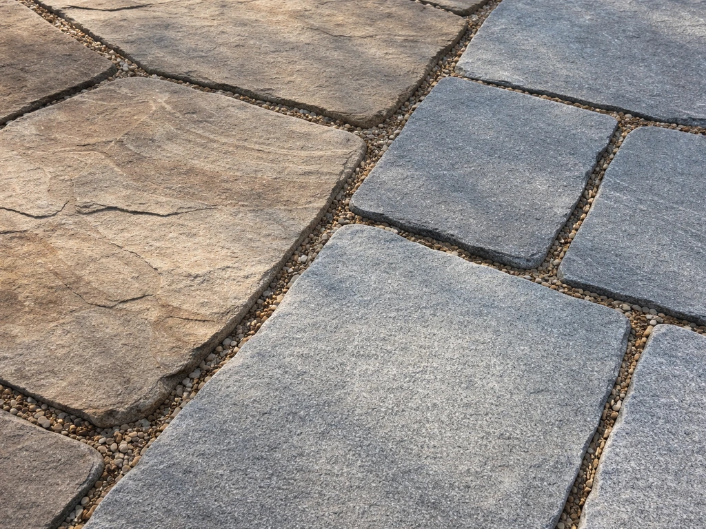 Assorted flagstone and bluestone slabs laid side-by-side, showing distinct colors and textures for a patio.