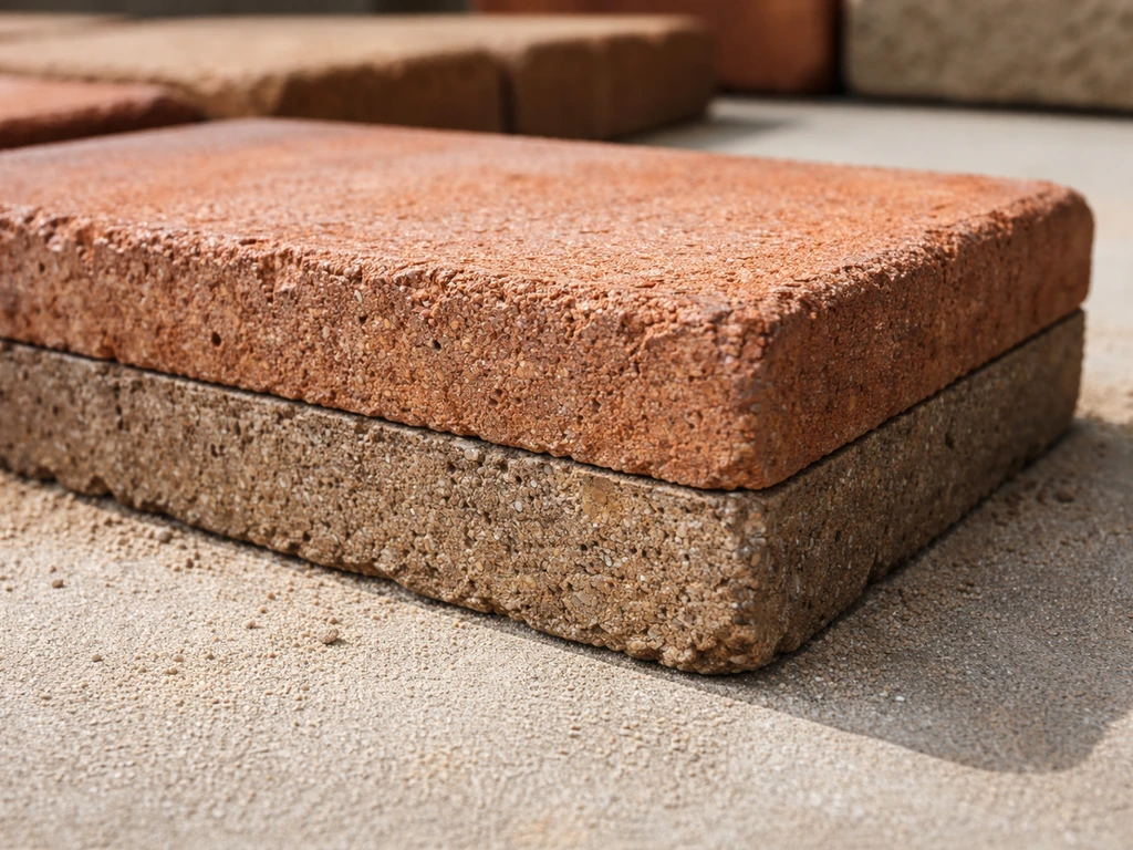 Close-up of kiln-fired brick/clay paver edge with red-orange and brown color variations.