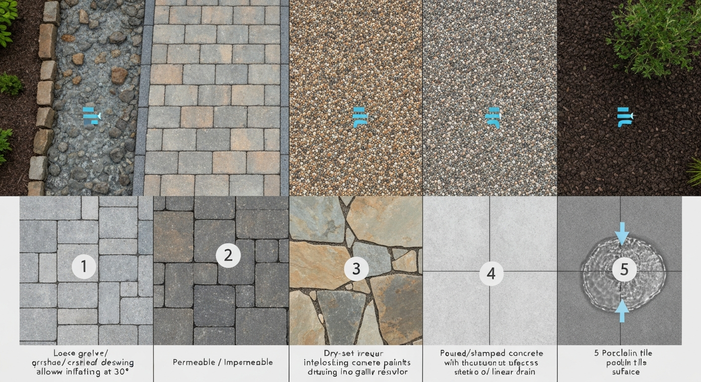 Composite overhead illustration of five patio surface swatches (gravel, permeable pavers, flagstone, concrete, porcelain) showing water flow arrows and labels indicating permeable vs impermeable surfaces.