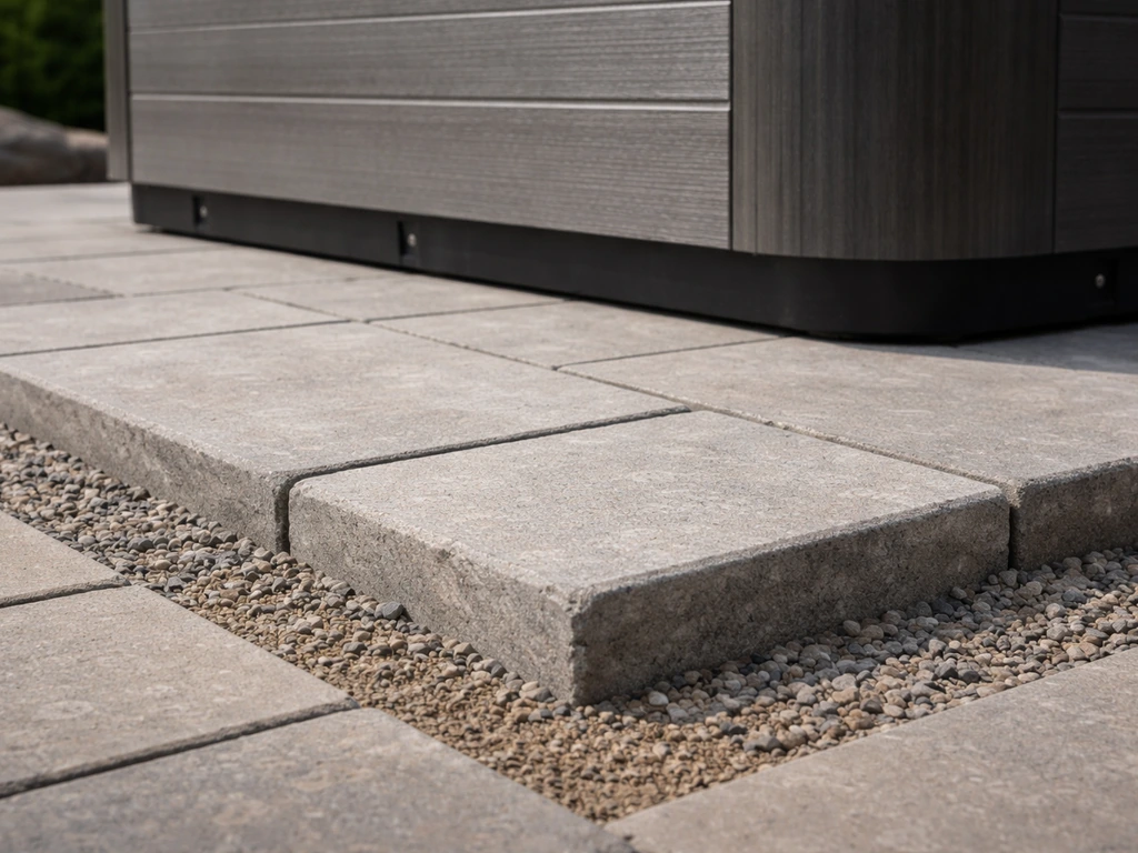 Side view of a hot tub on a level patio-stone base, showing stable stones and foundation area.