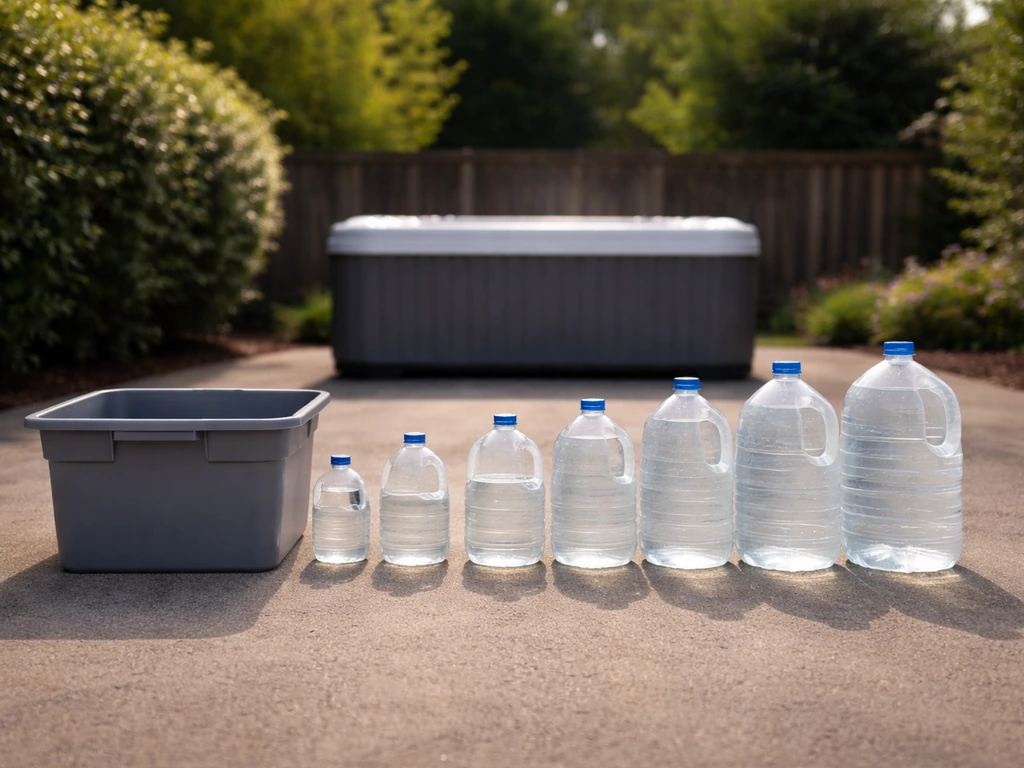 Filled hot tub weight concept with water-filled containers and a hot tub silhouette on a simple driveway setting