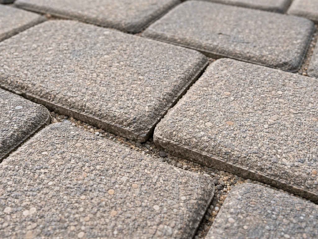 Close-up of patio paver joints with widened, uneven gaps and a slightly shifted stone edge.