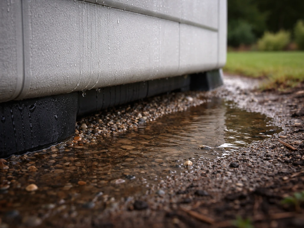 Hot tub area with water pooling near the base and wet, saturated ground suggesting poor drainage.