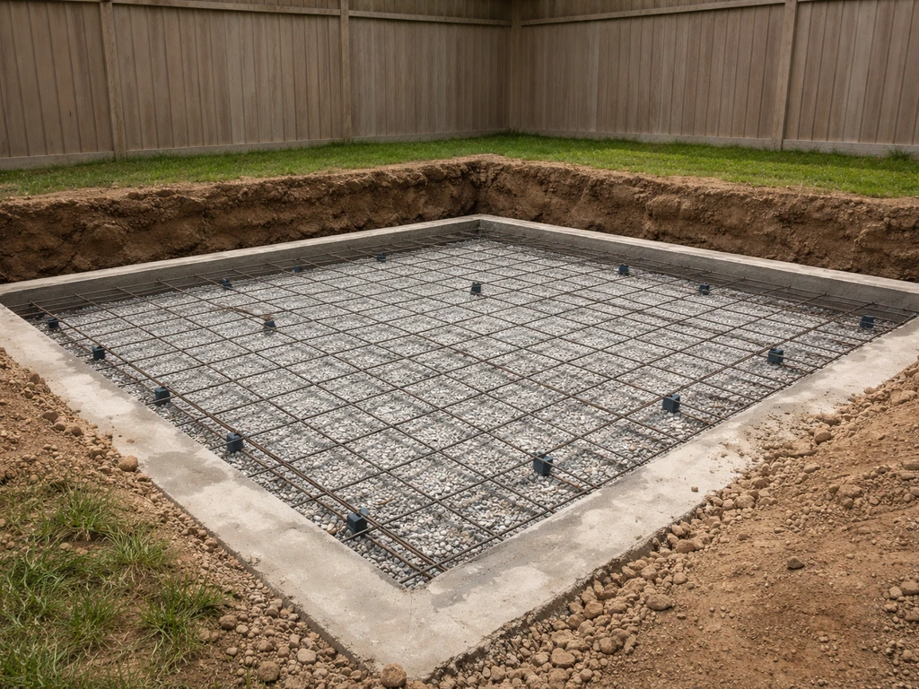 Excavated backyard base with compacted gravel, rebar mesh, and a freshly poured reinforced concrete slab for a hot tub.