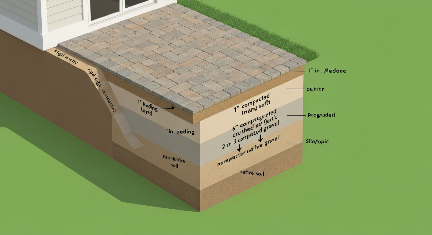 Isometric cross-section diagram of a patio showing pavers, bedding sand, compacted gravel sub-base in lifts, geotextile fabric, and native soil with slope away from house.